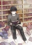  angel31424 black_hair blouse book bookshelf closed_eyes kaneki_ken male_focus reading signature sitting smile solo sweater tokyo_ghoul 