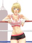  ahoge ai_candy blonde_hair blue_eyes bob_cut boxing_ring breasts cleavage clothes_writing colorized daniel_macgregor facial_tattoo fingernails hand_wraps heart_tattoo large_breasts lips looking_at_viewer navel nose original punching_bag revision short_hair short_shorts shorts smile solo sports_bra tattoo thigh_gap 