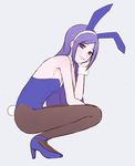  animal_ears aono_miki blush breasts bunny_ears bunny_tail bunnysuit chin_rest detached_collar fresh_precure! hairband long_hair looking_at_viewer pantyhose precure purple_eyes purple_hair simple_background small_breasts smile solo squatting tail unpale wrist_cuffs 