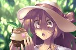  1girl brown_eyes brown_hair commentary cupcake food hat highres john_su long_hair original solo sparkling_eyes sprinkles sun_hat 