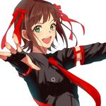  amami_haruka armband bangs black_gloves black_shirt brown_hair commentary_request dress_shirt fingerless_gloves gloves green_eyes hair_ribbon idolmaster idolmaster_(classic) idolmaster_live_for_you! long_hair looking_at_viewer mokuzu_(mokuzzzzz) necktie open_mouth outstretched_arms punkish_gothic red_neckwear red_ribbon ribbon shirt short_hair simple_background smile solo spread_arms standing upper_body white_background wing_collar 