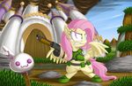  armor blue_eyes castle cutie_mark doom equine female fluttershy_(mlp) friendship_is_magic grass gun lagomorph mammal moat mountain my_little_pony outside parody pegasus popsickle rabbit ranged_weapon rock shotgun sky smoke standing water weapon wings 