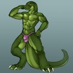  2014 abs anthro biceps bulge digitigrade dinosaur flexing green_scales male muscles nipple_piercing nipples partially_clothed piercing pose reptile scalie smile solo teeth thong tojo_the_thief triceps yellow_eyes 