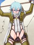  ^jj^ angry arms_up bdsm blue_eyes blue_hair blush bondage bound censored clenched_teeth fingerless_gloves gloves highres looking_at_viewer pussy pussy_juice pussy_juice_stain restrained rope scarf short_hair short_shorts shorts shorts_pull sinon solo sword_art_online tears teeth wet wet_shorts 