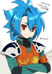  blue_hair character_name crossed_arms dated fingerless_gloves future_card_buddyfight gloves looking_at_viewer male_focus ogino_atsuki red_eyes ryuuenji_tasuku simple_background smile solo twitter_username upper_body white_background 