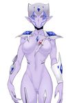  alien breasts censored curvy dumon_(yuu-gi-ou_zexal) facial_mark facial_markings genderswap grey_hair hands hips large_breasts looking_down nail nails no_clothes no_mouth no_nipples no_pussy pointy_ears purple_eyes purple_skin thighs yu-gi-oh! 