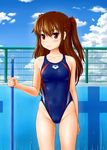  arena_(company) breasts broom brown_hair cloud competition_swimsuit covered_nipples day empty_pool long_hair medium_breasts one-piece_swimsuit original red_eyes solo standing swimsuit tk4 two_side_up 