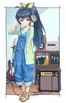  amplifier animal black_hair blue_eyes capri_pants electric_guitar ganaha_hibiki guitar hamster hamuzou hands_in_pockets headphones idolmaster idolmaster_(classic) instrument long_hair mofu no_socks pants ponytail smile 