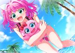  :d bad_id bad_pixiv_id blush cloud day dutch_angle dynaxin eyelashes fang green_eyes happy holding long_hair looking_at_viewer monster ocean open_mouth palm_tree pink_hair sky smile solo standing tree umi_monogatari urin_(umi_monogatari) water water_drop 