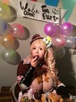  1girl alice_(wonderland) asian balloon banner blonde_hair breasts brown_eyes candy cookie cupcake doughnut fat flower food glass hoshima_mika huge_breasts jewelry necklace photo rose solo vase 