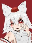  animal_ears bare_shoulders blood detached_sleeves fangs hat heikouidou_(seraeno) injury inubashiri_momiji leaf looking_at_viewer maple_leaf one_eye_closed open_mouth pom_pom_(clothes) red_background short_hair silver_hair simple_background solo symbol-shaped_pupils tokin_hat touhou wolf_ears 