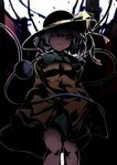  arms_behind_back black_eyes bow collared_shirt dark diamond_(shape) flanvia floral_print green_skirt hat hat_bow highres komeiji_koishi long_sleeves no_nose one_eye_closed open_mouth outline shirt short_hair silver_hair skirt smile solo third_eye touhou yellow_bow 