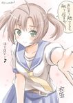  antenna_hair bad_id bad_pixiv_id belt blush brown_hair character_name fujishima_shinnosuke green_eyes highres kantai_collection kinugasa_(kantai_collection) looking_at_viewer neckerchief reaching school_uniform serafuku short_hair skirt smile solo translated twintails twitter_username yellow_neckwear 