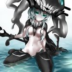  aqua_eyes black_gloves bodysuit covered_navel gloves glowing glowing_eyes hat janne_cherry kantai_collection looking_at_viewer partially_submerged shinkaisei-kan short_hair_with_long_locks sitting solo staff wariza water wo-class_aircraft_carrier 