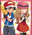  1boy 1girl ? black_legwear blonde_hair cap couple hat md5_mismatch nintendo pikachu pokemon pokemon_(anime) pokemon_(game) pokemon_xy remotarou resized satoshi_(pokemon) serena_(pokemon) thighhighs 