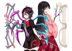  asymmetrical_wings bespectacled black_dress black_hair black_legwear bow branch brown_eyes dress glasses houjuu_nue houraisan_kaguya jeweled_branch_of_hourai long_hair long_sleeves looking_at_viewer multiple_girls nabeshima_tetsuhiro open_mouth polearm profile red_eyes shirt short_hair short_sleeves simple_background skirt smile snake thighhighs touhou trident vest weapon white_background wide_sleeves wings zettai_ryouiki 