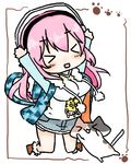  &gt;_&lt; :d blush breasts cat chibi closed_eyes headphones hood hoodie large_breasts long_hair lowres nitroplus no_no_no_(18) open_mouth pink_hair pom_pom_(clothes) smile solo super_sonico xd 