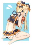  1girl abigail_williams_(fate/grand_order) absurdres ass back bangs bare_shoulders bikini black_bikini black_bow blonde_hair blue_background blue_eyes blush border borumete bow breasts double_bun emerald_float fate/grand_order fate_(series) feet flying_sweatdrops forehead frilled_bikini frills hair_bow highres holding holding_stuffed_animal hunched_over legs long_hair looking_at_viewer miniskirt orange_bow parted_bangs polka_dot polka_dot_bow simple_background sitting skirt small_breasts solo stuffed_animal stuffed_toy swimsuit teddy_bear thighs wariza white_border 