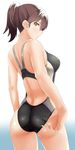  adjusting_clothes adjusting_swimsuit alternate_costume ass back back_cutout breasts brown_eyes brown_hair competition_swimsuit from_behind gradient gradient_background kaga_(kantai_collection) kantai_collection large_breasts looking_at_viewer looking_back one-piece_swimsuit side_ponytail simple_background solo swimsuit takamura_wamu white_background 