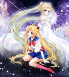  back_bow bishoujo_senshi_sailor_moon bishoujo_senshi_sailor_moon_crystal blonde_hair blue_eyes blue_sailor_collar blue_skirt boots bow brooch choker crescent double_bun dress dual_persona earrings elbow_gloves facial_mark forehead_mark frame full_body gloves hair_ornament hairpin jewelry knee_boots long_hair looking_back magical_girl multiple_girls pleated_skirt princess_serenity red_bow red_choker ribbon sailor_collar sailor_moon sailor_senshi_uniform skirt smile strapless strapless_dress tsukino_usagi twintails very_long_hair white_dress white_gloves yzkring 