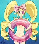  :p blonde_hair blue_eyes blush bow breasts drill_hair eyepatch hair_bow harime_nui heart innertube kill_la_kill large_breasts long_hair my_pet_tentacle_monster navel nipples pussy see-through solo standing tongue tongue_out twin_drills uncensored 