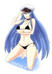  1girl akame_ga_kill! barefoot bikini black_bikini blue_eyes blue_hair blush breasts choker cleavage esdeath esdese hat large_breasts long_hair military_hat smile solo swimsuit tattoo 