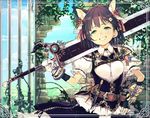  animal_ears armor belt black_hair brick_wall cat_ears fingerless_gloves flower gate gloves green_eyes hair_flower hair_ornament original short_hair smile solo subachi sword weapon 