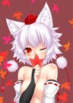  animal_ears breasts detached_sleeves hat inubashiri_momiji large_breasts one_eye_closed red_eyes short_hair silver_hair solo tokin_hat topless touhou wolf_ears wolflong 