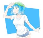  bad_id bad_pixiv_id blue_eyes blue_hair blush breasts collarbone denim denim_shorts hair_bobbles hair_ornament hand_up hat kawashiro_nitori looking_afar looking_away medium_breasts open_mouth otonari shirt short_hair shorts solo touhou traditional_media two_side_up white_shirt 