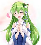  ^_^ blush breasts closed_eyes detached_sleeves exis frog_hair_ornament green_hair hair_ornament heart kochiya_sanae large_breasts long_hair open_mouth smile snake_hair_ornament solo touhou 