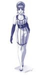  alternate_hairstyle belt bliss_barson breasts cleavage commentary contrapposto crossed_legs cryamore curvy dress earrings elbow_gloves fashion gloves highres jewelry large_breasts lips mole monochrome robert_porter short_hair solo standing striped updo vertical_stripes 