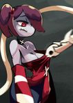  animated animated_gif breasts cleavage collar detached_collar detached_sleeves leviathan_(skullgirls) monster_girl pulling pulling_clothes purple_hair red_eyes side_ponytail skullgirls squigly_(skullgirls) stitched_mouth striped_shirt zombie 