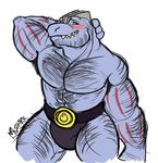  abs belt biceps big_muscles blush embarrassed fangs flexing hairy looking_at_viewer machoke male manlyshark muscles nintendo pecs plain_background pok&eacute;mon pose smile solo speedo swimsuit teeth video_games white_background 