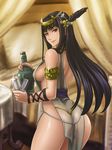  ass bare_shoulders bed black_hair bottle breasts feathers from_behind fushisha_o glass hrist_valkyrie long_hair looking_back medium_breasts naked_tabard pillow red_eyes sideboob smile solo standing tabard valkyrie_profile 