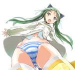  animal_ears cat_ears chikuwa_(tks) fang francesca_lucchini from_below green_eyes green_hair long_hair looking_at_viewer navel open_mouth panties ribbon solo strike_witches striker_unit striped striped_panties twintails underwear world_witches_series 