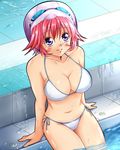  bikini breasts cameltoe covered_nipples goggles goggles_on_head highres large_breasts mizuho_saiki poolside purple_eyes red_hair see-through shiguko short_hair sitting soaking_feet super_robot_wars super_robot_wars_original_generation_gaiden swimsuit water 