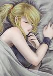  bad_id bad_pixiv_id bare_shoulders bed blanket blonde_hair highres lips metroid motoji_(hamayarawa) pillow ponytail samus_aran sleeping solo sports_bra wristband 