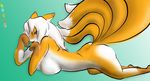  anthro breasts canine female fox hair hi_res kinne long_hair looking_at_viewer lucky lying mammal multiple_tails nude on_front pinup pose raised_tail solo 