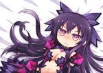  absurdres black_hair blush breasts chibi cleavage date_a_live greenteaneko hair_ornament highres light_brown_eyes long_hair looking_at_viewer lying medium_breasts navel solo sweat wavy_mouth yatogami_tooka yatogami_tooka_(true_form) 