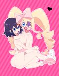  black_hair blonde_hair blue_eyes bow breast_press breasts drill_hair earrings eyepatch harime_nui heart jewelry kill_la_kill long_hair matoi_ryuuko multiple_girls nude pink_bow ribbon riomario smile twintails yuri 