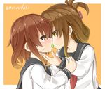  bad_id bad_pixiv_id blush brown_eyes brown_hair eye_contact face-to-face folded_ponytail hand_on_another's_chin ikazuchi_(kantai_collection) inazuma_(kantai_collection) kantai_collection long_hair looking_at_another multiple_girls musouzuki neckerchief red_neckwear school_uniform serafuku shared_food short_hair yuri 