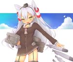  :d amatsukaze_(kantai_collection) dress garter_straps kantai_collection long_hair nasuaki_(nas-aki) open_mouth rensouhou-kun sailor_dress short_dress silver_hair smile thighhighs two_side_up v-shaped_eyebrows yellow_eyes zettai_ryouiki 