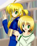  1boy 1girl ahoge alisa_bannings blonde_hair casual_clothes choujin cup long_hair lyrical_nanoha mahou_shoujo_lyrical_nanoha mahou_shoujo_lyrical_nanoha_a&#039;s mahou_shoujo_lyrical_nanoha_a's millitary_uniform mug uniform yuuno_scrya 