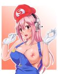  bad_id bad_pixiv_id breasts cosplay gloves hat headband large_breasts long_hair mario mario_(cosplay) mario_(series) momochieri naked_overalls nipples nitroplus open_mouth overalls pink_eyes pink_hair solo strap_slip super_mario_bros. super_sonico white_gloves 