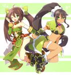 &gt;:) ;d ahoge black_hair breasts brown_hair character_request cleavage green_eyes hair_ornament holding_hands long_hair looking_at_viewer medium_breasts multiple_girls navel one_eye_closed open_mouth ponytail saibi sangokushi_puzzle_taisen sangokushi_taisen smile v-shaped_eyebrows 