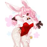  animal_ears bare_shoulders bow bowtie braid breasts bunny_ears bunny_girl bunny_tail bunnysuit cleavage contrapposto fishnet_pantyhose fishnets furry hand_on_thigh large_breasts leotard long_hair mizuki_kotora one_eye_closed original pantyhose pink_hair red_eyes red_leotard side-tie_leotard solo standing tail twin_braids wrist_cuffs 