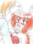  1boy 1girl animal_ears artist_request blonde_hair blush bow bow_tie bowtie braid bunny_ears bunny_girl bunnysuit glasses grey_eyes long_hair lyrical_nanoha mahou_shoujo_lyrical_nanoha ponytail red_hair vita yuuno_scrya 