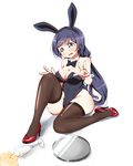  alcohol animal_ears black_hair bow bowtie breasts bunny_ears bunnysuit cleavage cup detached_collar drinking_glass green_eyes large_breasts long_hair love_live! love_live!_school_idol_project skull573 solo spill thighhighs toujou_nozomi tray twintails wine wine_glass wrist_cuffs 