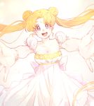  :d back_bow bead_bracelet beads bishoujo_senshi_sailor_moon blonde_hair blue_eyes bow bracelet breasts cleavage crescent dai_(mebae16) double_bun dress facial_mark forehead_mark jewelry large_breasts long_hair looking_at_viewer open_mouth outstretched_arms princess_serenity smile solo tsukino_usagi twintails white_dress 