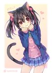  1girl :3 animal_ears black_hair blazer blush cat_ears cat_tail hair_ribbon heart jacket kemonomimi_mode love_live! love_live!_school_idol_project natsu_natsuna open_blazer open_clothes open_jacket otonokizaka_school_uniform paw_pose pleated_skirt red_eyes ribbon school_uniform skirt solo sweater tail twintails twitter_username v-shaped_eyebrows yazawa_nico 